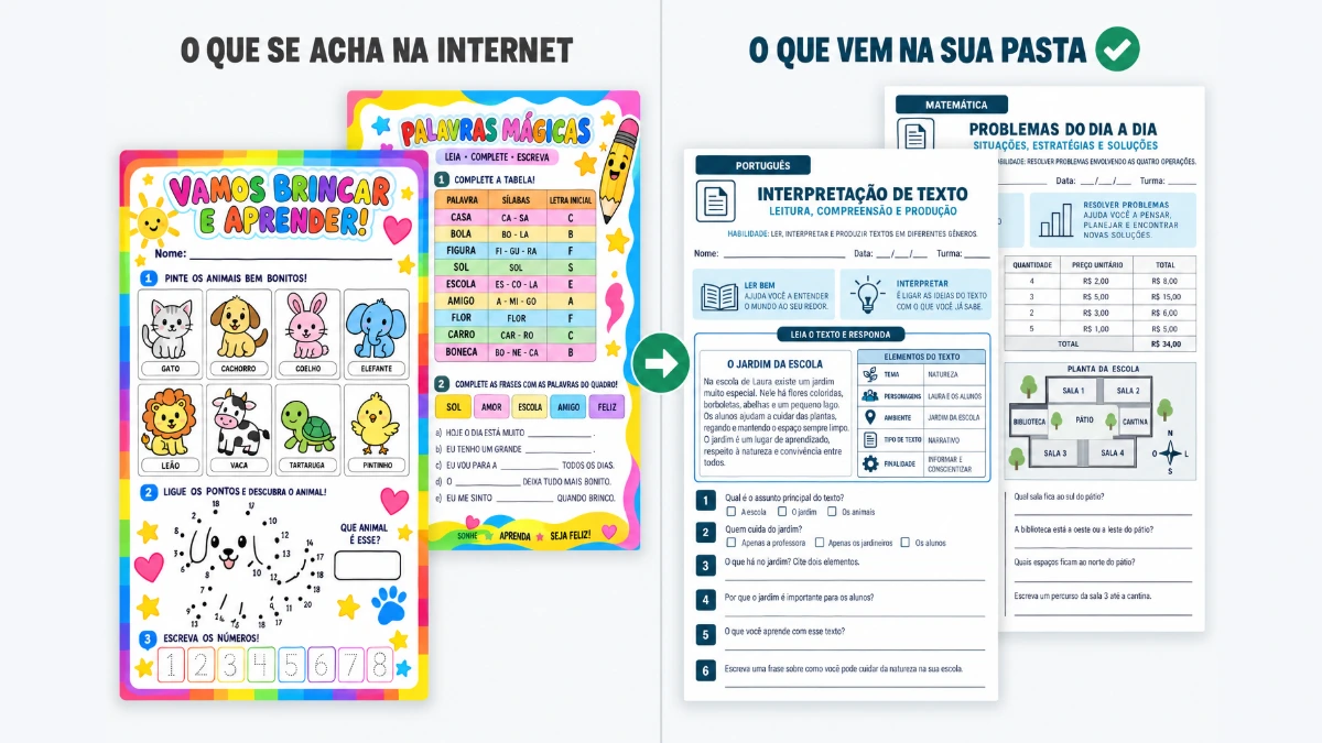 Comparação entre a folha infantilizada que se acha na internet e a folha adaptada que vem no material, com matéria, ano e nível impressos no topo