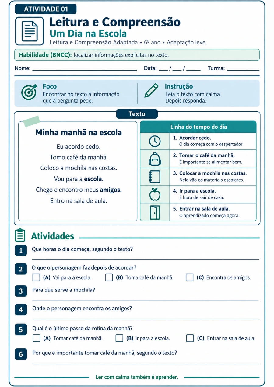 Folha de Leitura e Compreensão com texto curto e perguntas de resposta localizada