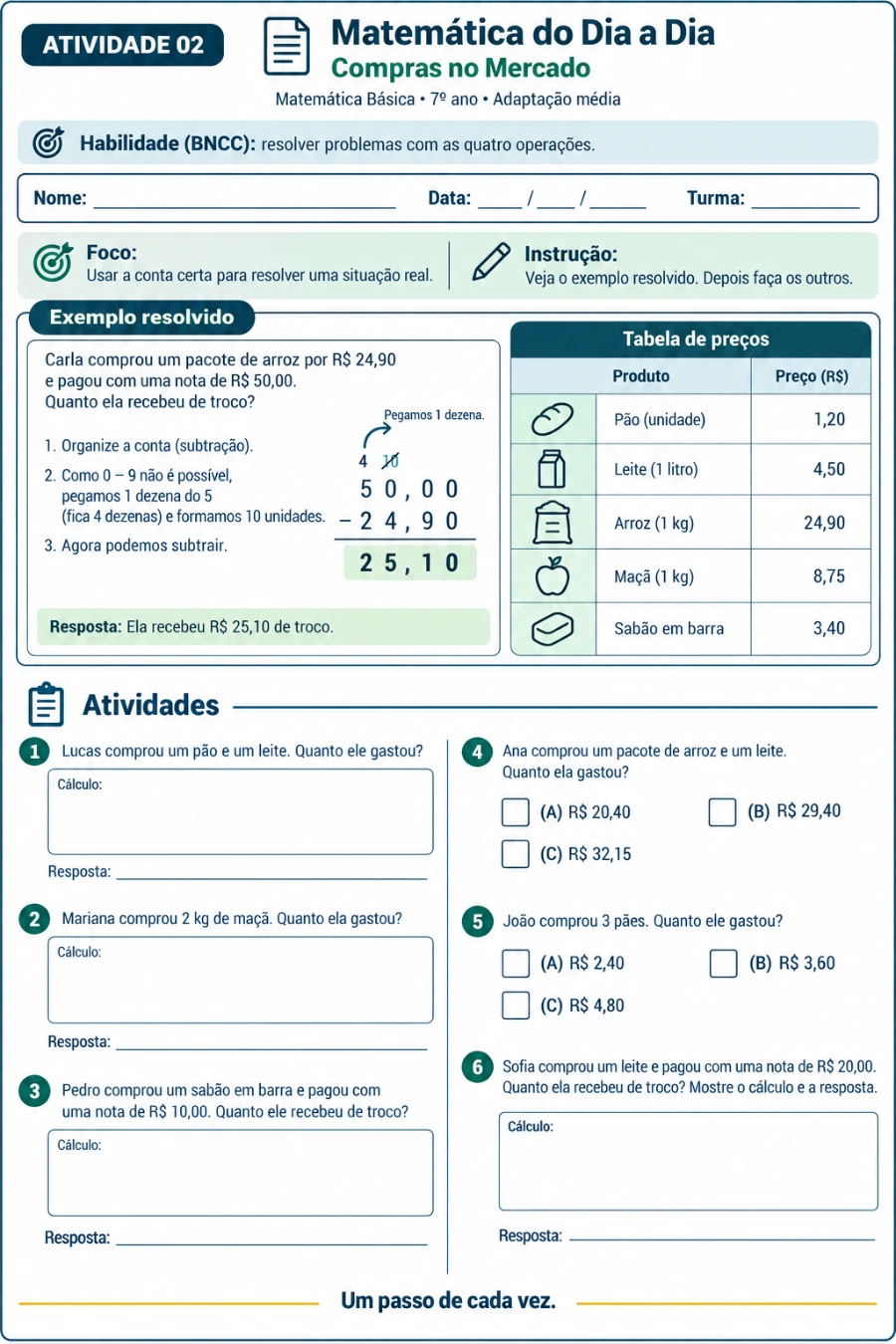Folha de Matemática com problema do cotidiano e um exemplo já resolvido no topo