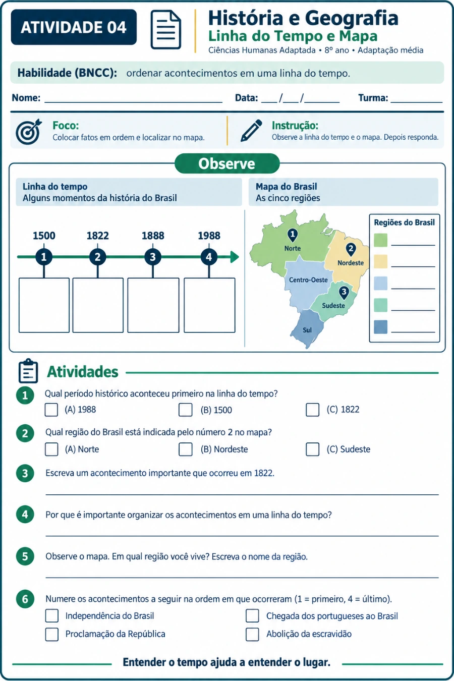 Folha de História e Geografia com linha do tempo e mapa simples para marcar