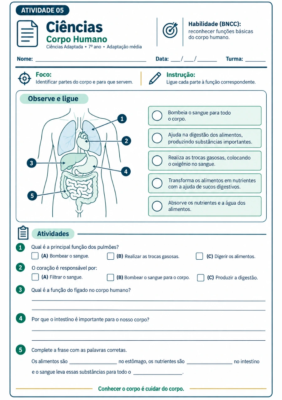 Folha de Ciências sobre corpo humano com imagem para ligar e completar
