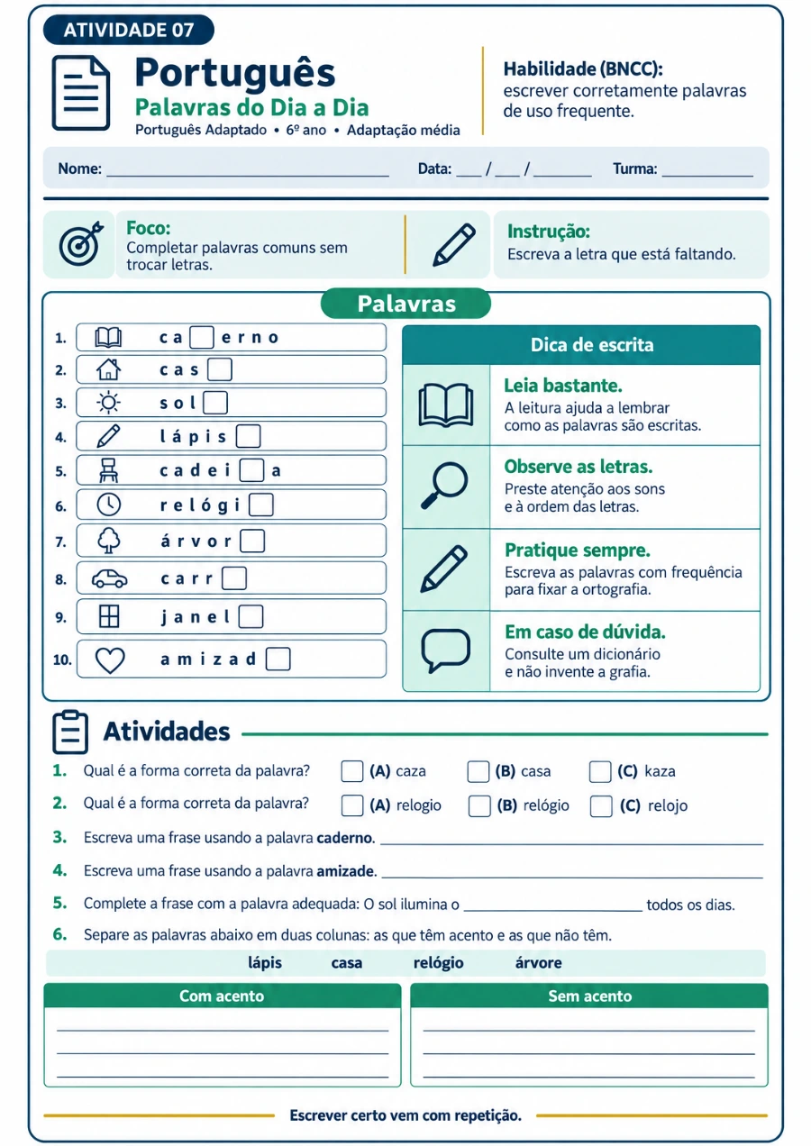 Folha de Português com ortografia do dia a dia e comando de uma linha