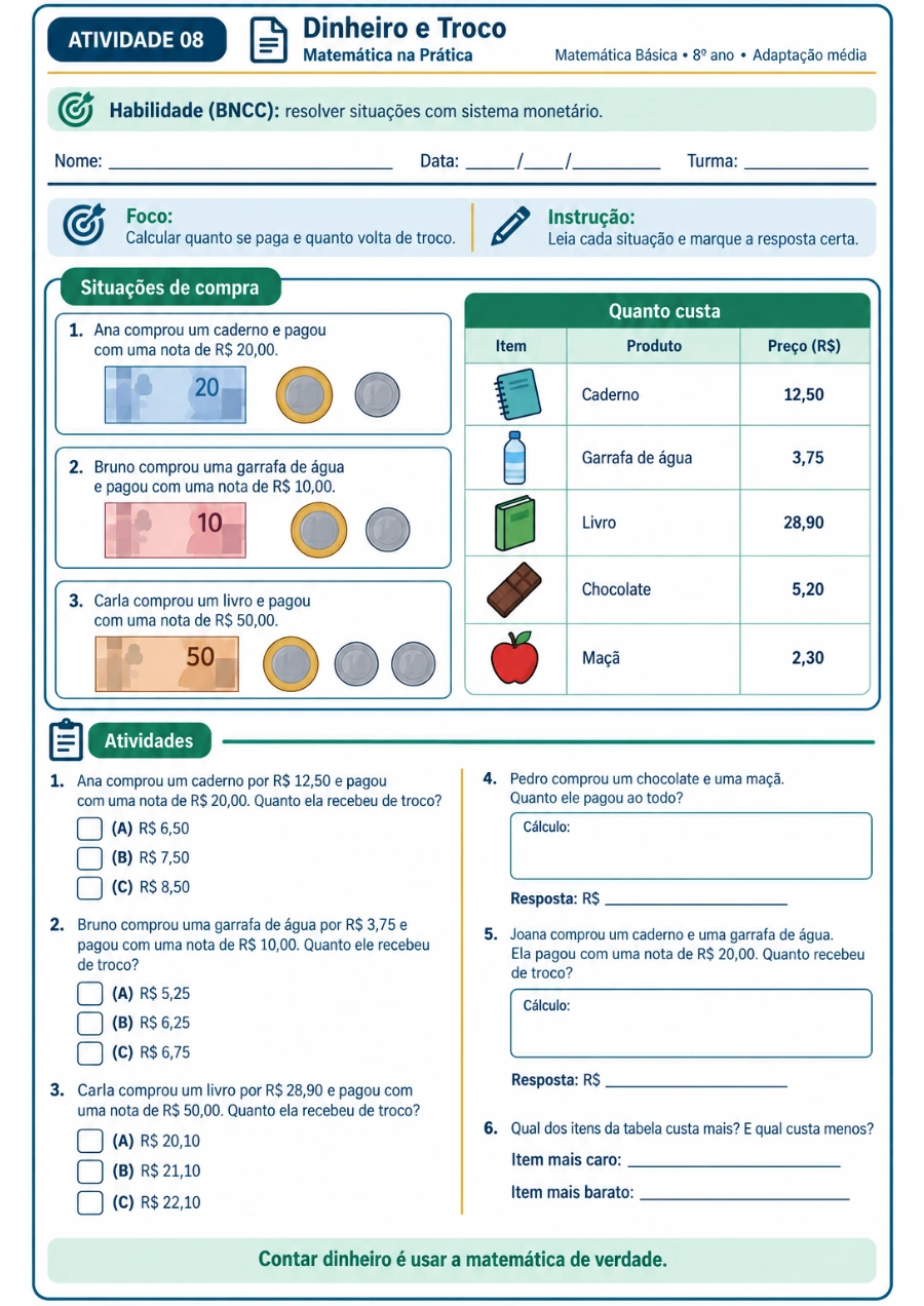 Folha de Matemática com dinheiro e troco, para marcar a alternativa certa