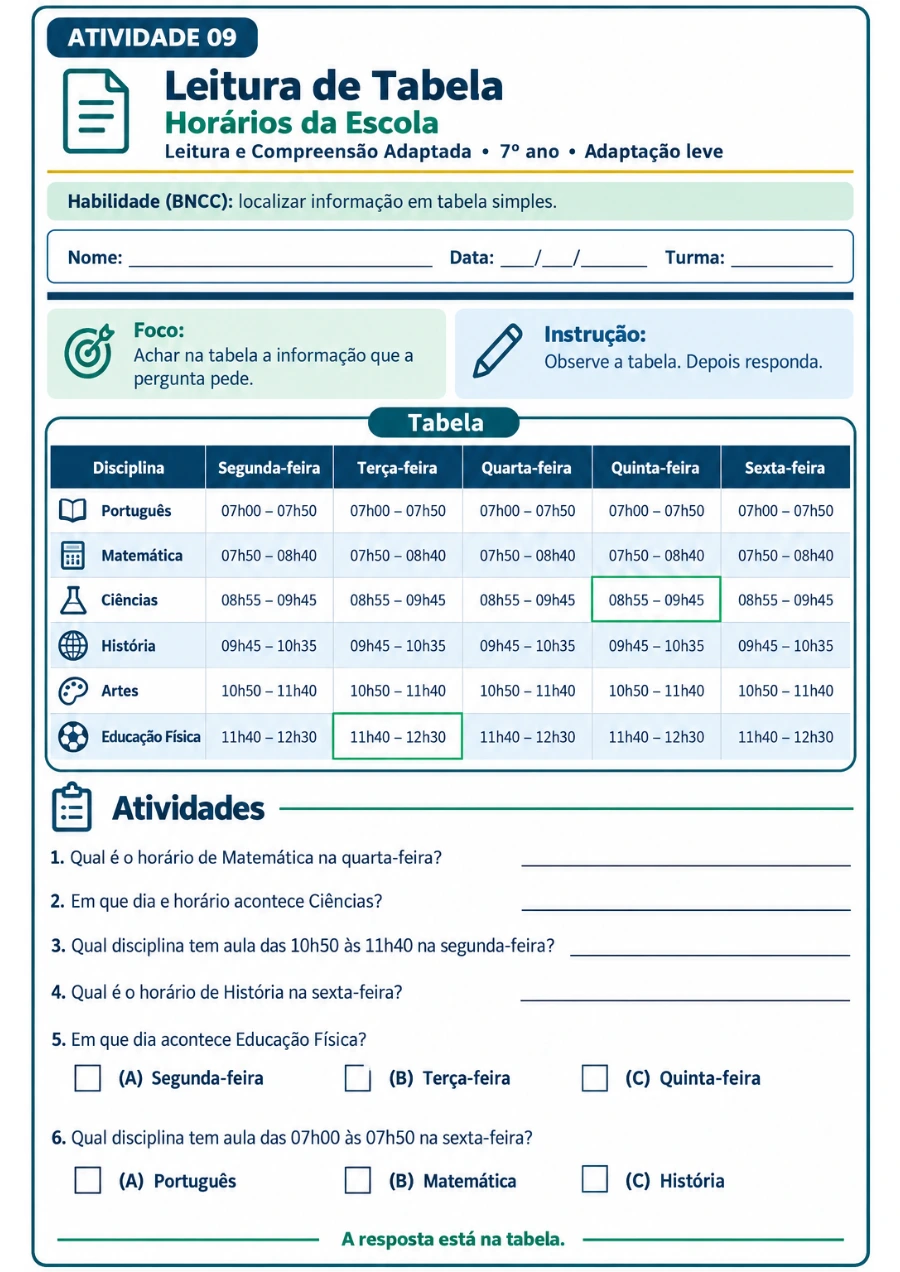 Folha de Leitura com tabela simples para localizar a informação