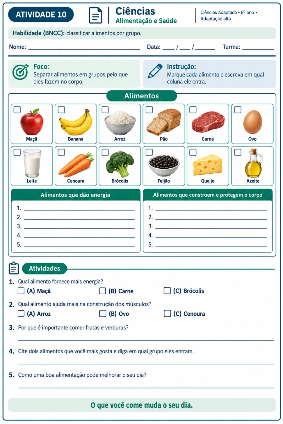 Folha de Ciências sobre alimentação, com imagens para classificar