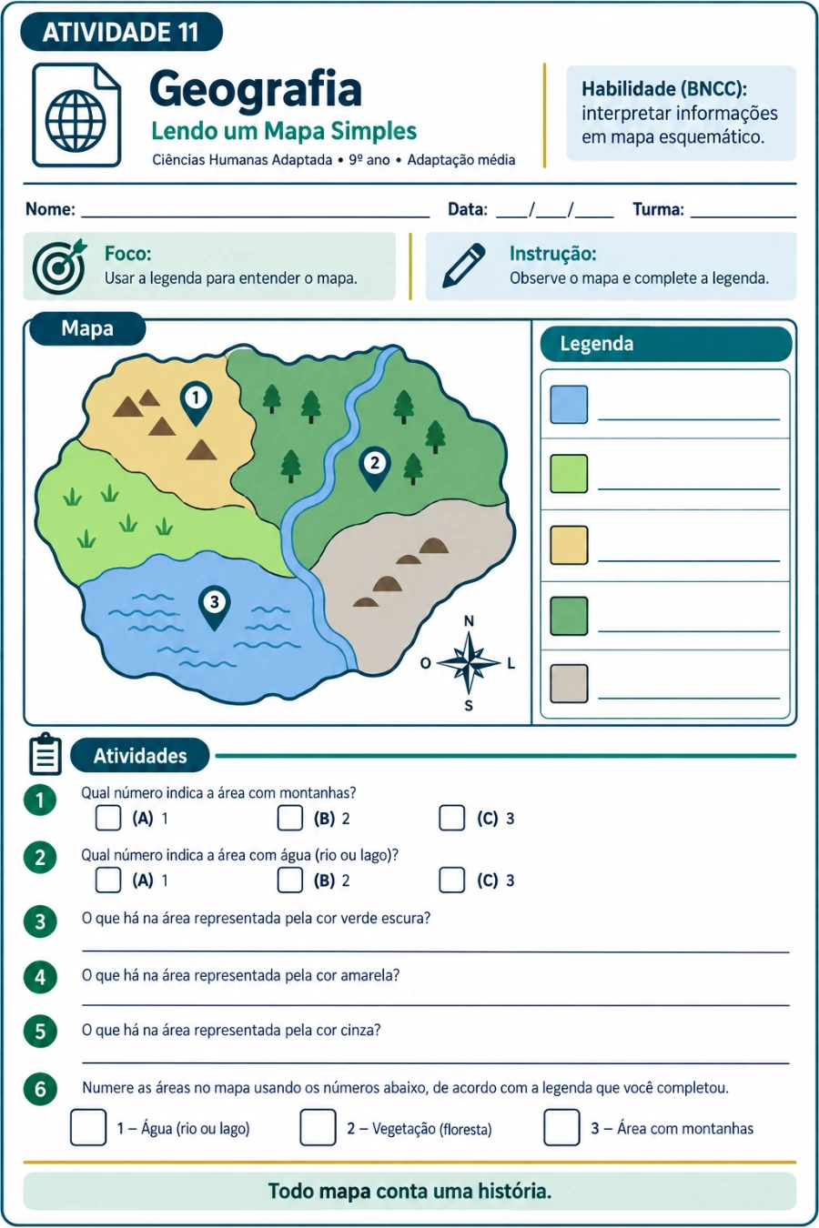 Folha de Geografia com mapa esquemático para pintar e legendar